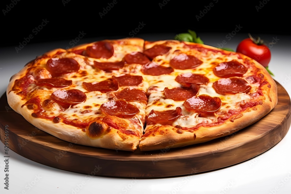 Traditional Italian Cuisine. Closeup Delicious Pepperoni Pizza Slices on a Wooden Board on white Background.