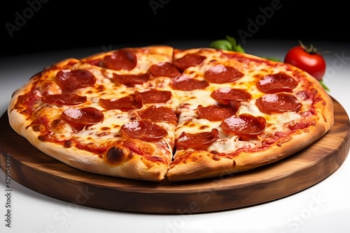 Traditional Italian Cuisine. Closeup Delicious Pepperoni Pizza Slices on a Wooden Board on white Background.