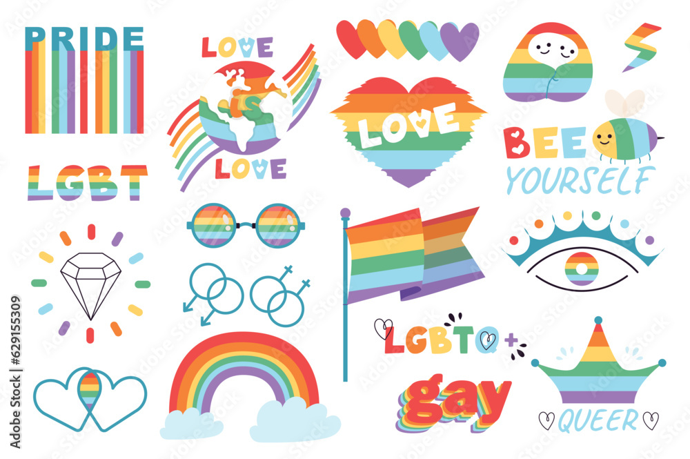 LGBT mega set in graphic flat design. Bundle elements of rainbow symbols of LGBTQ movement, love and hearts, venus and mars signs, diamond, be yourself and other. Vector illustration isolated stickers LGBT mega set in graphic flat design. Bundle elements of rainbow symbols of LGBTQ movement, love and hearts, venus and mars signs, diamond, be yourself and other. Vector illustration isolated stickers