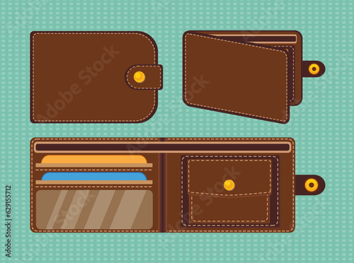 Set of brown leather wallet. Wallet icons design. Wallet money element illustration.