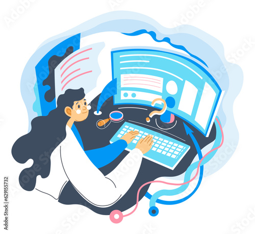 Scientist doing experiment or researches on laptop