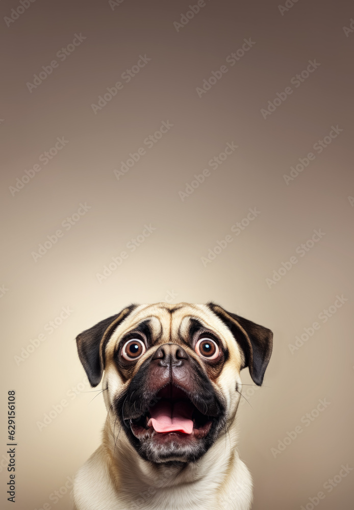 Dog with shocked surprised expression, large eyes. Vertical banner with copy space above. Generative AI