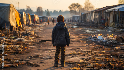 Fotografia Refugee camp child with slum camp background.
