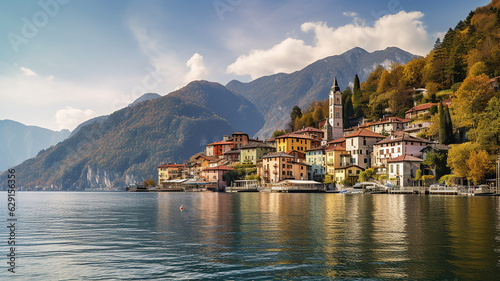 A highly realistic coastal town nestled between majestic mountains and sparkling waters, with charming houses lining the waterfront © SardarMuhammad