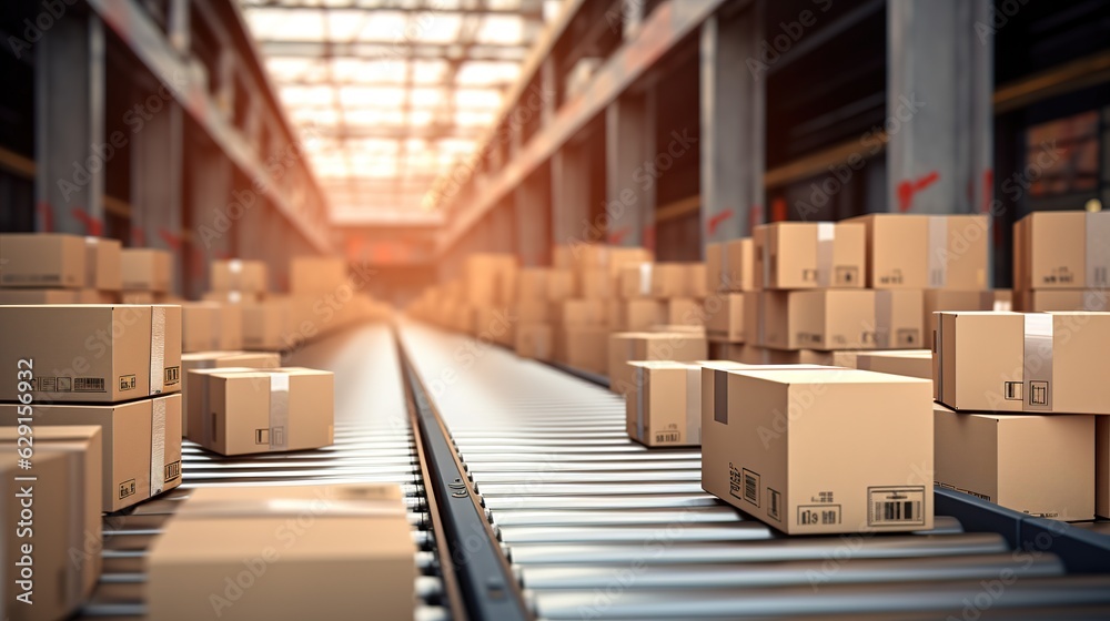 Boxes on conveyor belt heading to truck loading dock with generative ai Boxes on conveyor belt heading to truck loading dock with generative ai