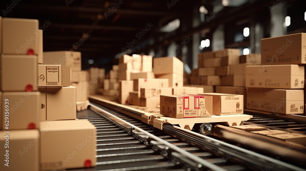 Boxes on conveyor belt heading to truck loading dock with generative ai Boxes on conveyor belt heading to truck loading dock with generative ai