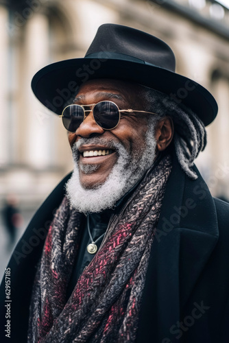 Generative AI illustration of Happy Old Black Man with dreadlocks and gray hair,sunglasses and hat