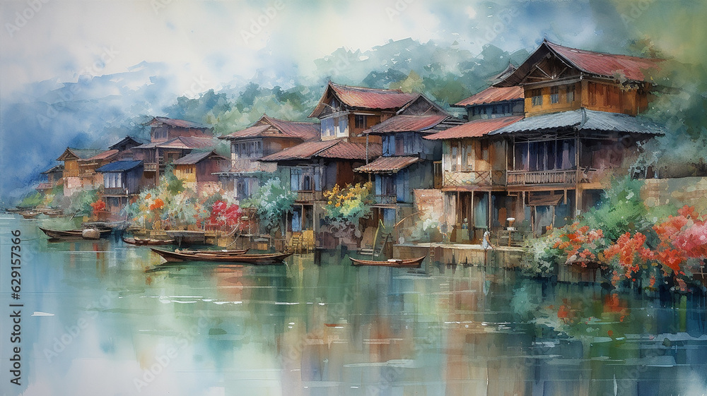 Fototapeta premium A highly realistic coastal town nestled between majestic mountains and sparkling waters, with charming houses lining the waterfront