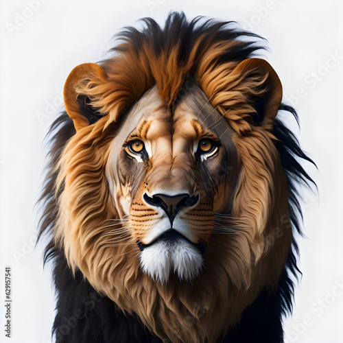 a close up of a lion s face with a white background  generative AI 