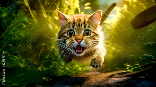 a happy cat runs across the green meadow, banner made with Generative AI
