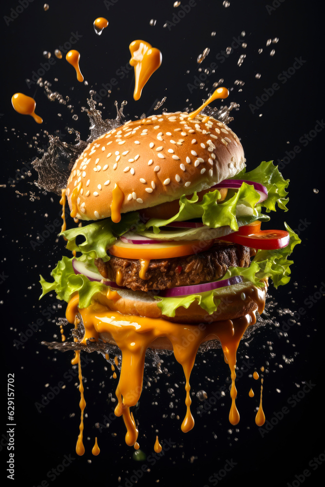 Generative AI illustration of Burger in the air exploding with cheese