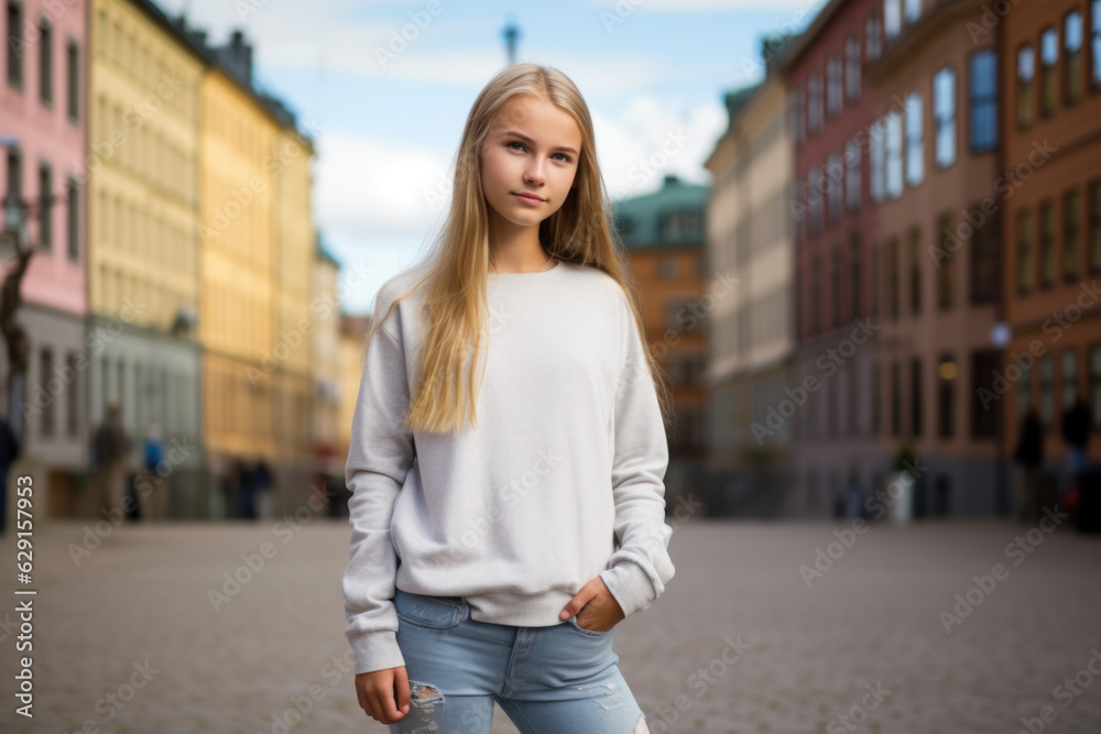 Swedish teenage girl, wearing modern outfit, standing in Stockholm Swedish teenage girl, wearing modern outfit, standing in Stockholm