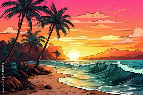 A tropical beach with palm trees is sun setting. (Generative AI)