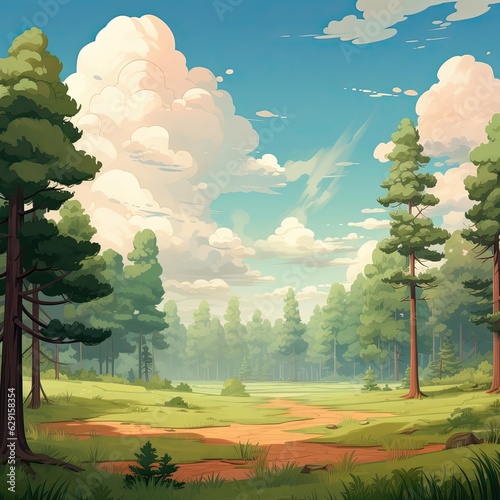 A forest painting with tall pines and distant white clouds. (Generative AI)