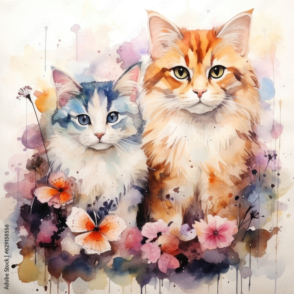A watercolor painting capturing a cat and kitten with flowers and butterflies. (Generative AI)