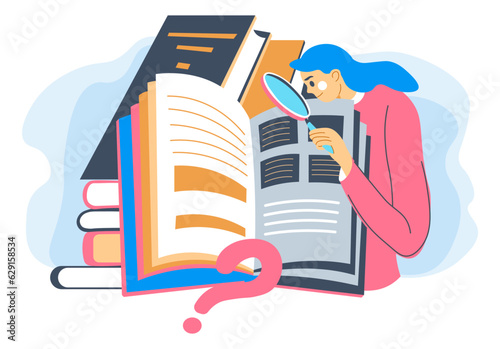 Woman using magnifying glass searching for info