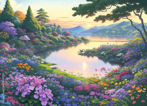 Sunset in the flowers garden and lake, ai generated 