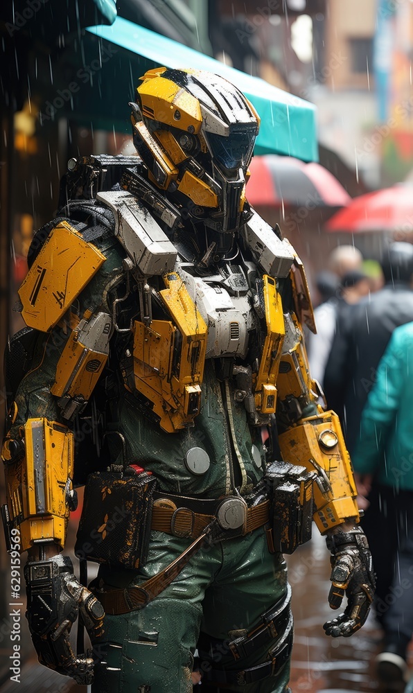 Yellow robot standing in the rain - created using generative AI tools