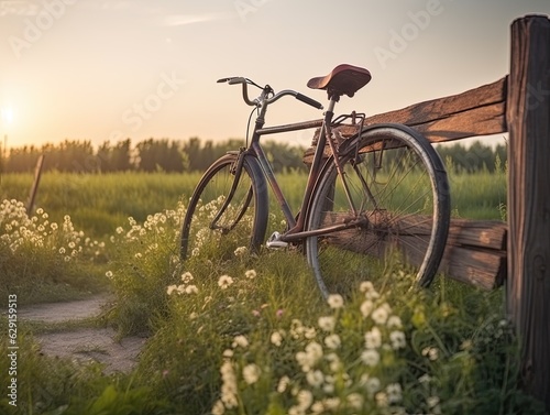 bicycle against rustic landscape at summer sunset photo