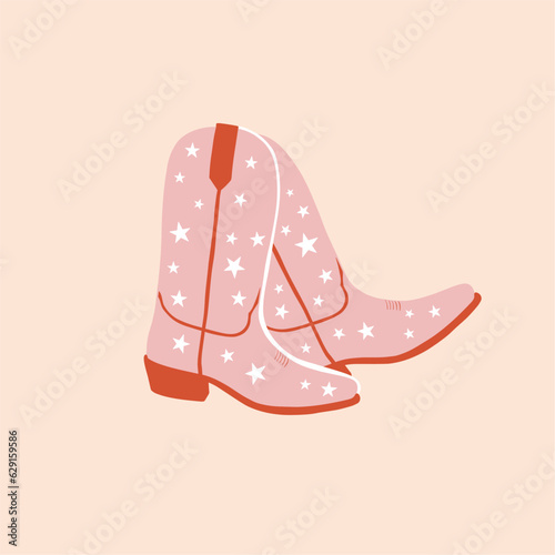 Cowboy boots with stars print. Cowgirl boots. Western and wild west theme. Party poster, banner or invitation. Hand drawn vector illustration