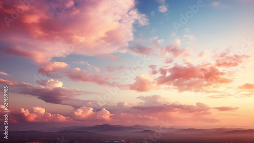 Pastel Sky with soft and fulffy cloudy over city and mountain, Generative ai.