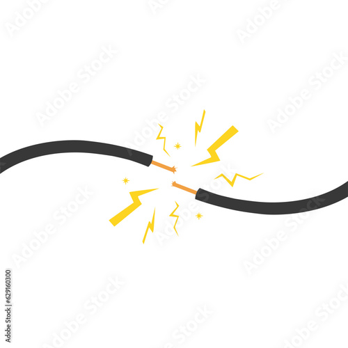 Electrical cable break with electric discharge, Electrical cable wires, Danger of Power line damage.