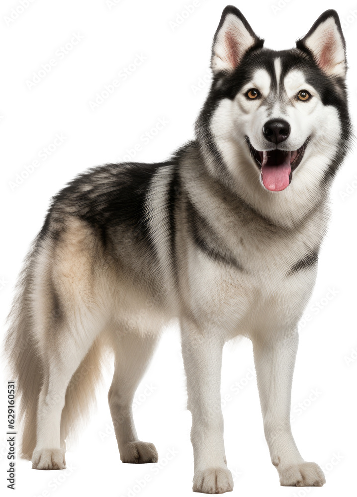Standig husky dog isolated on white background as transparent PNG