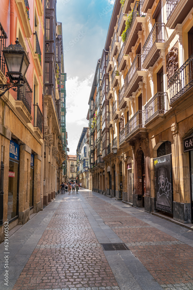 Beautiful streets of European city Bilbao. Situated in North of Span is the largest city in Basque Country and important travel destination. View of historic city center