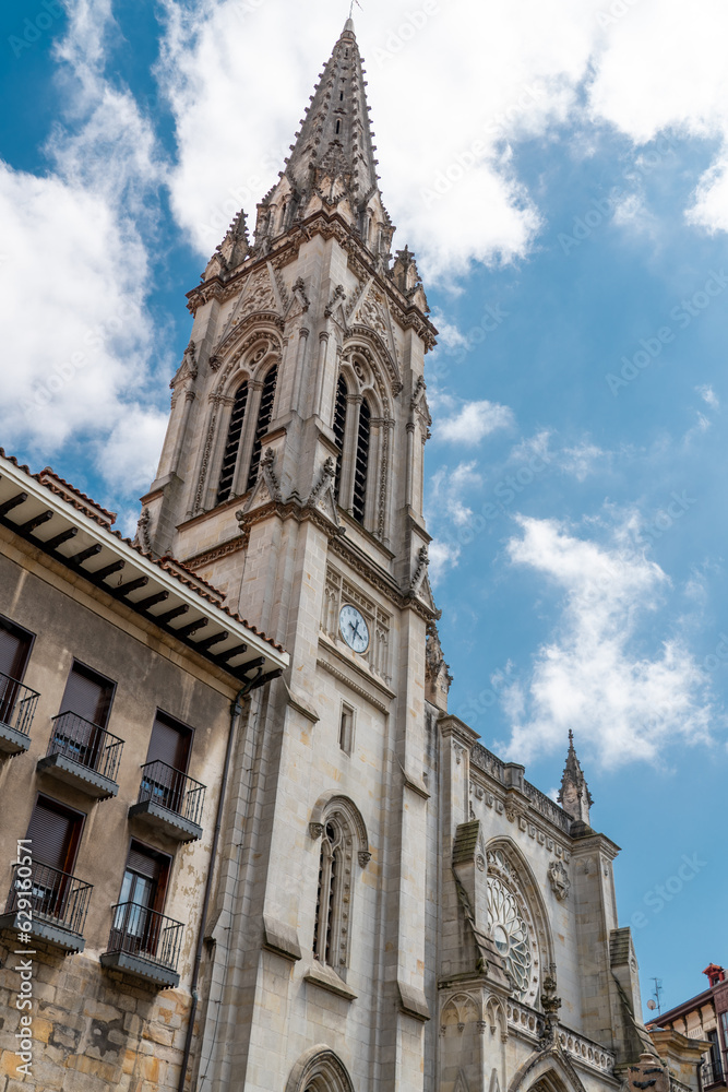 BILBAO - SPAIN. Main façade of Santiago Cathedral.  A Roman Catholic church in the city of Bilbao. Built during the 14th–15th centuries. Travel destination in the historic city center. Vertical photo