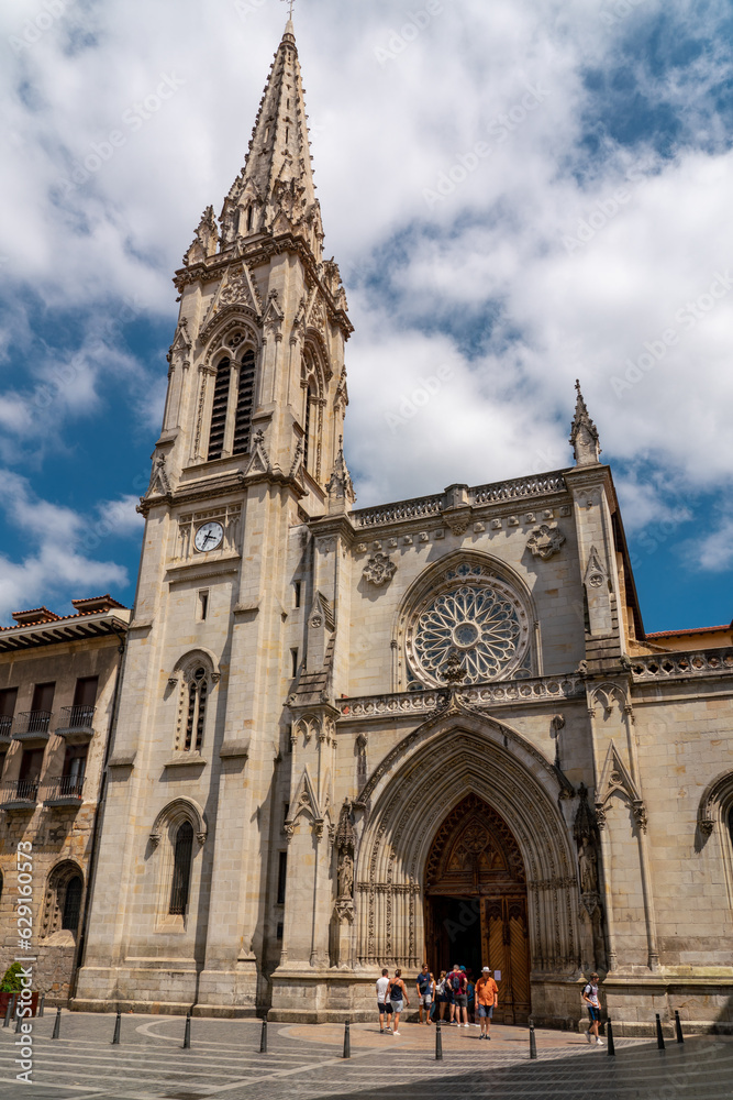 BILBAO - SPAIN. Main façade of Santiago Cathedral.  A Roman Catholic church in the city of Bilbao. Built during the 14th–15th centuries. Travel destination in the historic city center. Vertical photo