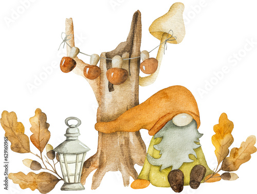 Cute autumn dwarf with mushrooms, arcons and leaves harvest watercolor painting. Fall season cartoon gnome with foliage aquarelle painting photo