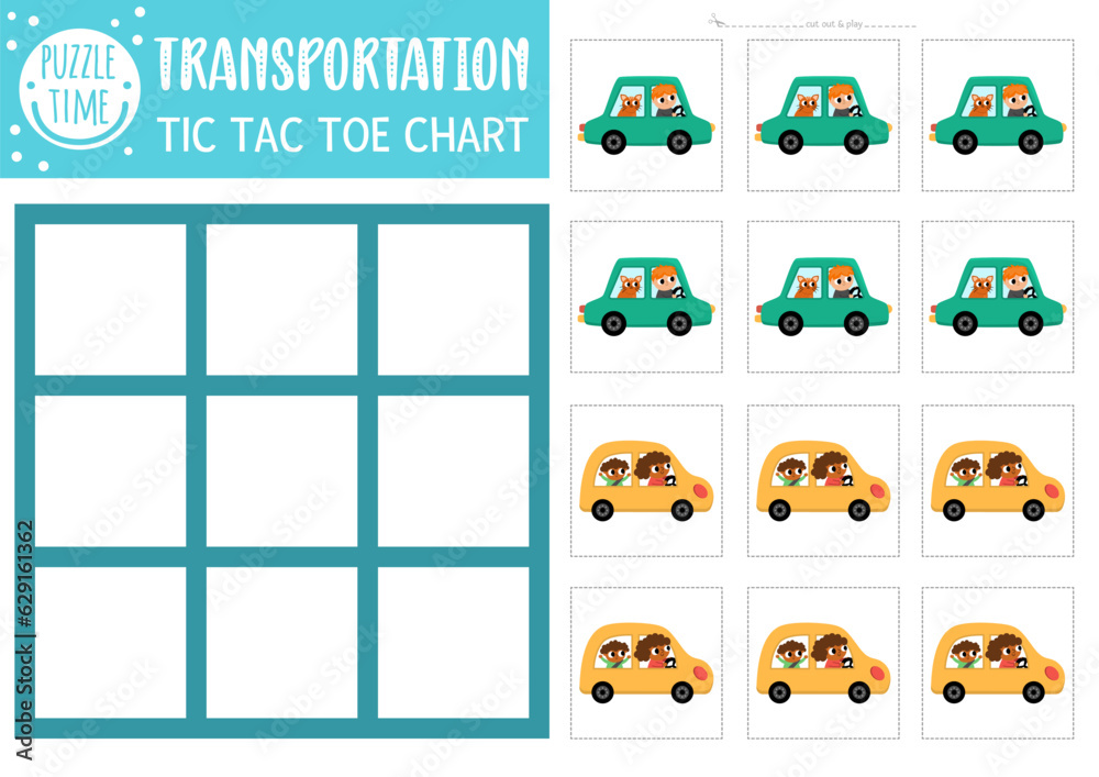 Vector transportation tic tac toe chart with girl and boy driving cars with passengers. Board game playing field. Funny transport printable worksheet. Noughts and crosses grid .