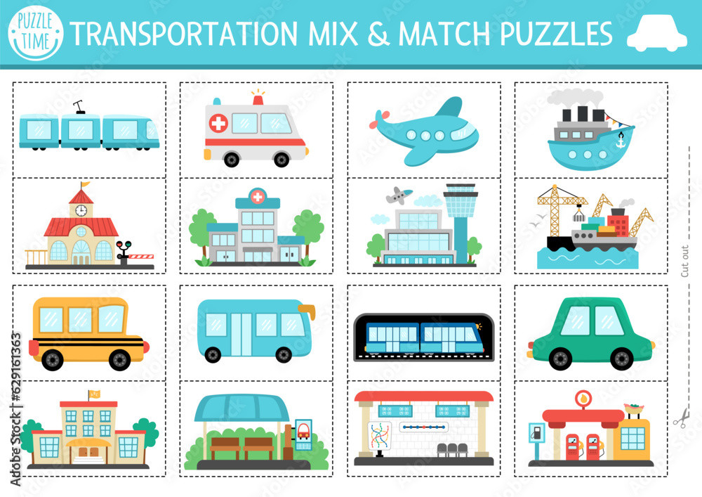 Vector transportation mix and match puzzle with cute car, ship, train, bus, plane, ambulance. Matching transport activity for kids. Educational printable city vehicles game with places they go.
