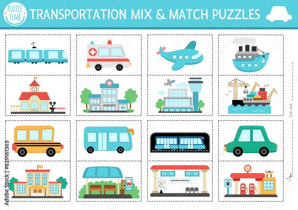 Vector transportation mix and match puzzle with cute car, ship, train, bus, plane, ambulance. Matching transport activity for kids. Educational printable city vehicles game with places they go. Vector transportation mix and match puzzle with cute car, ship, train, bus, plane, ambulance. Matching transport activity for kids. Educational printable city vehicles game with places they go.