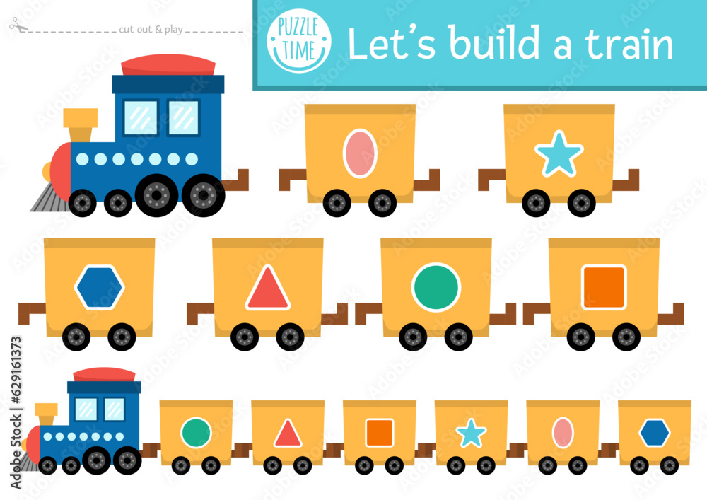 Lets build a train cut and glue activity. Transportation educational crafting game with engine and wagons. Vector transport printable page for kids with shapes. Arrange in the right order. Lets build a train cut and glue activity. Transportation educational crafting game with engine and wagons. Vector transport printable page for kids with shapes. Arrange in the right order.