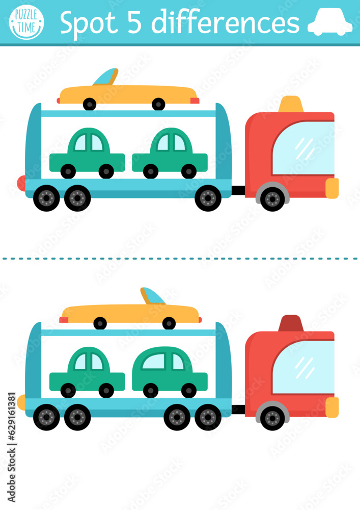 Fototapeta premium Find differences game for children. Transportation educational activity with cute car carrier. Cute puzzle for kids with funny tow truck. Printable worksheet or page for logic and attention skills.