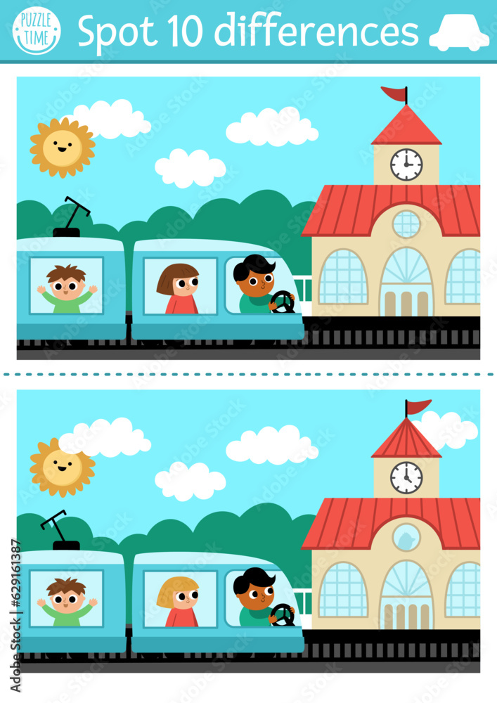 Find differences game for children. Transportation educational activity with cute train with passengers and driver, railway station. Cute puzzle for kids with funny transport. Printable worksheet.