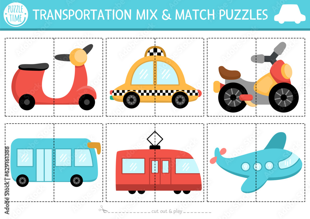 Vector transportation mix and match puzzle with cute scooter, taxi, bus ...