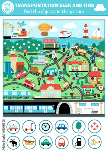 Vector transportation searching game with city landscape with roads, cars, metro. Spot hidden objects. Water, air, underground, land transport seek and find educational printable activity for kids.