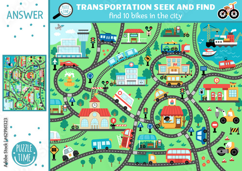 Vector transportation searching game with city landscape with roads, cars. Spot hidden bikes in the picture. Simple water, air, land transport seek and find educational printable activity for kids