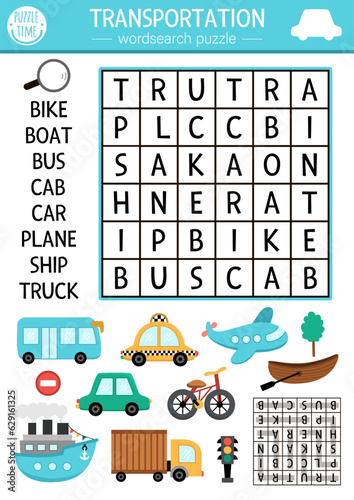 Vector transportation wordsearch puzzle for kids. Simple word search quiz. Educational activity with plane, ship, car, bus, boat, bike, cab, truck. Cross word with city transport.