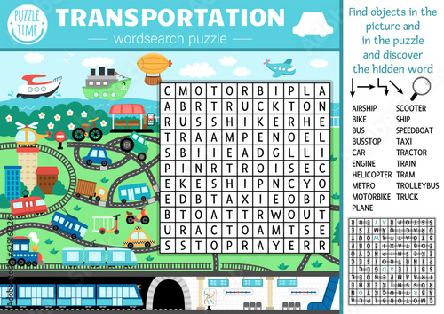 Vector transportation wordsearch puzzle for kids. Simple word search quiz with city landscape. Educational activity with plane, ship, car, bus, train, tram. Cross word with urban map.