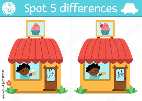 Find differences game for children. Educational activity with cozy cafe with man drinking tea. Cute puzzle for kids with small coffee shop. Printable worksheet or page for logic and attention skills.