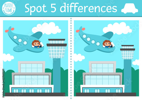 Find differences game for children. Transportation educational activity with plane with girl pilot flying in the sky to the airport. Cute puzzle for kids with funny transport. Printable worksheet.