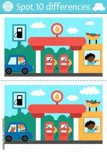 Find differences game for children. Transportation educational activity with cute car with driver, filling station, cafe. Cute puzzle for kids with funny transport. Printable worksheet.