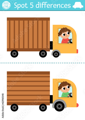 Find differences game for children. Transportation educational activity with cute truck with driver. Cute puzzle for kids with transport. Printable worksheet or page for logic and attention skills.