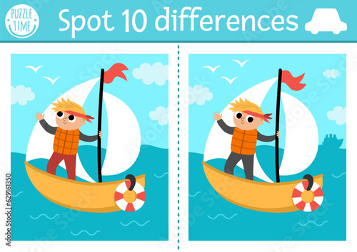 Find differences game for children. Transportation educational activity with sailboat with boy captain sailing in the sea. Cute puzzle for kids with funny water transport. Printable worksheet.