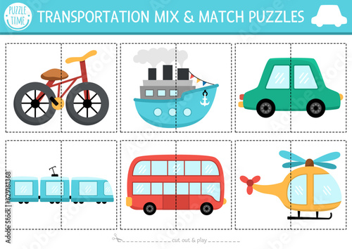 Vector transportation mix and match puzzle with cute bike, ship, car, train, bus, helicopter. Matching transport activity for preschool kids. Educational printable city vehicles game.