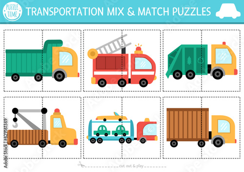 Vector transportation mix and match puzzle with cute trucks. Matching transport activity for preschool kids with lorries. Educational printable city vehicles game.