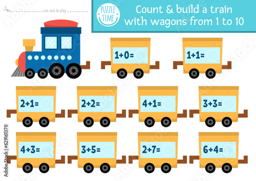 Lets build a train cut glue activity. Transportation educational crafting game with engine, wagons. Vector transport printable page for kids with numbers. Count to 10 and arrange in right order.